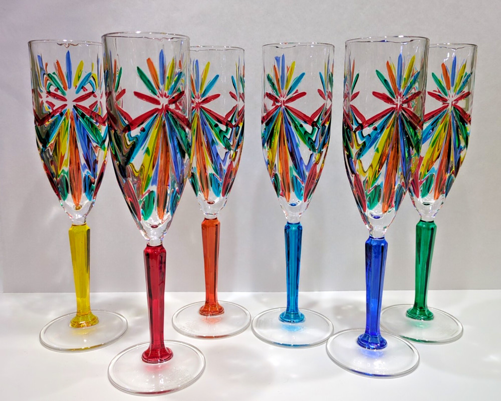 CC ZECCHIN MURANO Flute Glass, Multi color 9” Tall, Set of 6