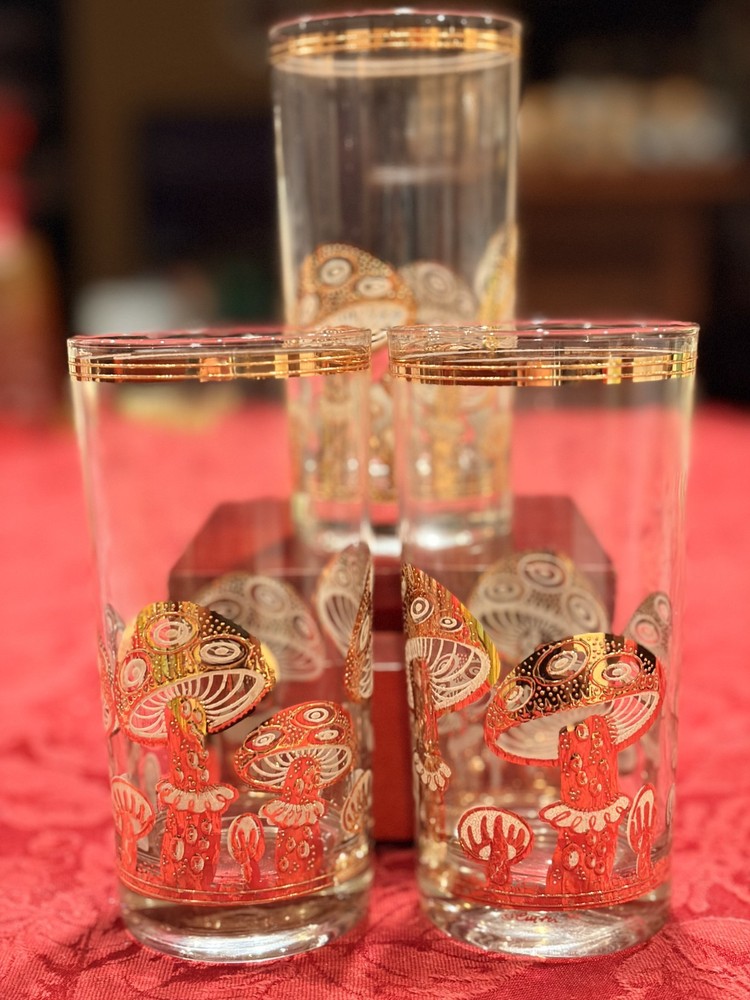 Vtg Rare Culver 22K Gold Magic Mushroom Highball Glasses Set MCM Barware Set-3