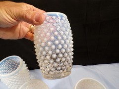 Set of 4 Fenton French Opalescent Glass Hobnail Barrel Tumblers 4 3/4″ Tall