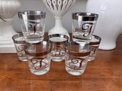 Set Of 7 Short Cocktail Glasses 3.25” Tall Monogram “T” Dorothy Thorpe Glasses