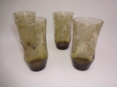 Set 4 Vintage Libbey ? Drinking Glasses Brown Clear Raised Leaves Clovers 15 oz.