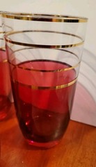 Set of 5 vintage cranberry & clear glass tumblers with gold bands, 5.25″, nice