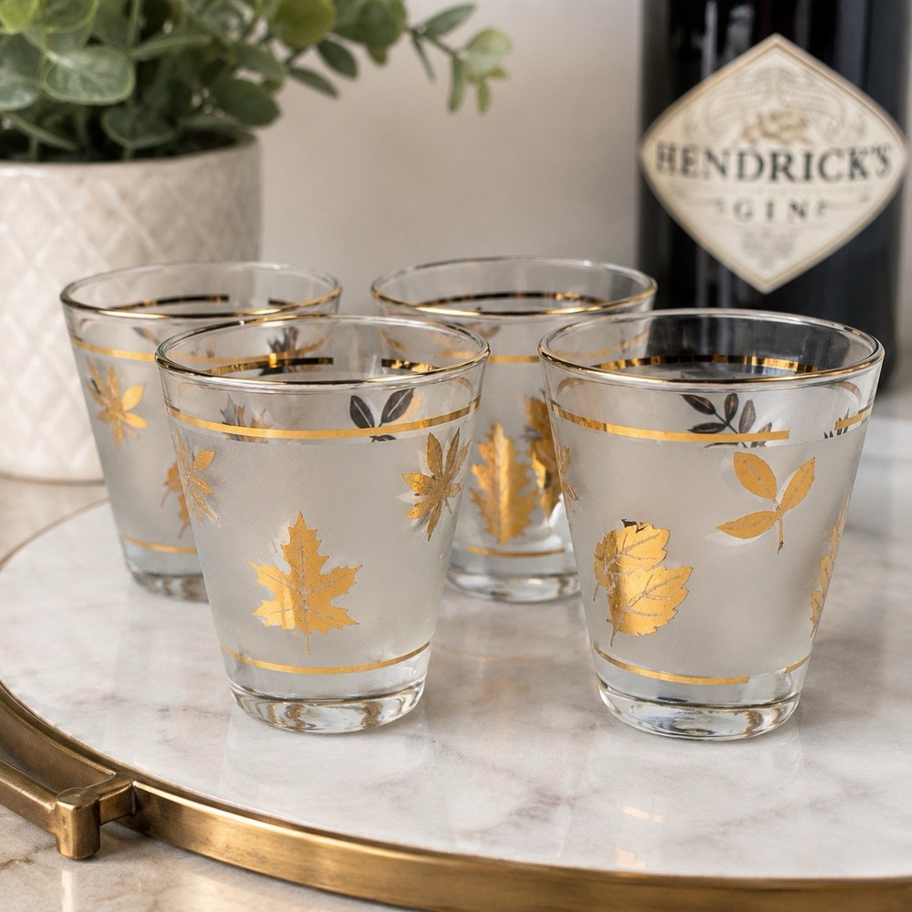 Vintage Set of 4 Frosted Gold Leaf Shot Glasses Barware 3” Tumblers