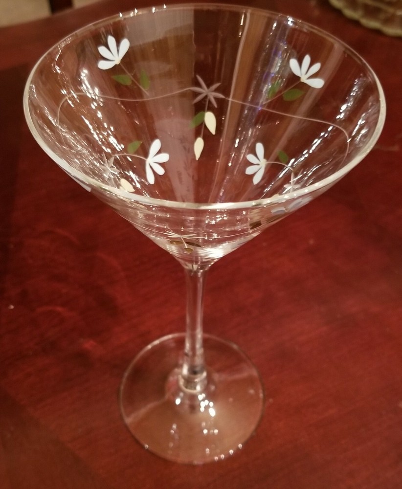 Martini Glass Handpainted Light Blue Flowers , Vines & Leaves 8″ Ectched design