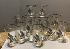 Vintage Silver Rimmed Federal Glass Wild Game Bird Highball lowball rock Glasses
