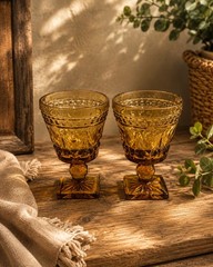 2 Vintage Amber Indiana Glass Colony Park Lane Footed Goblets Starburst Base