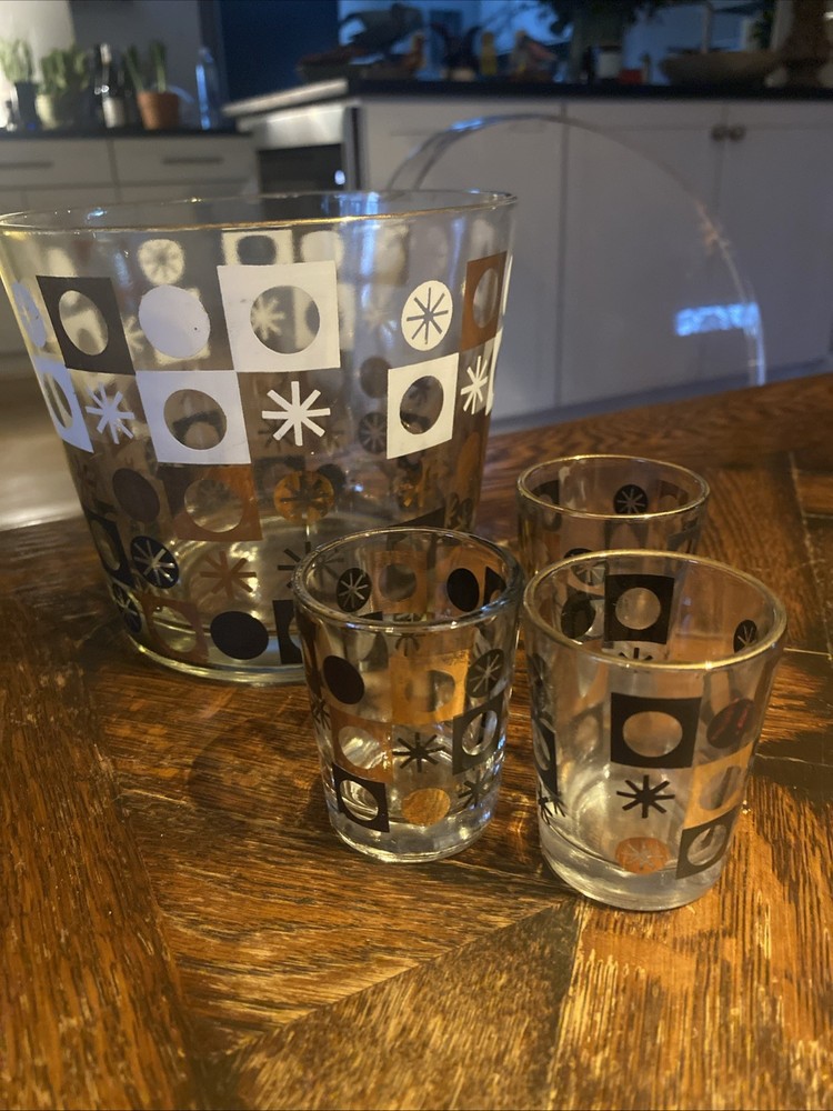 Vintage Culver Barware Carnival Pattern ICE BUCKET & 3 Shot GLASSES mcm Decor