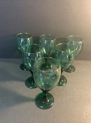 VTG Libby Juniper Green Water Wine Goblets Set Of 6 Glass Teardrop Gold Rim 7″
