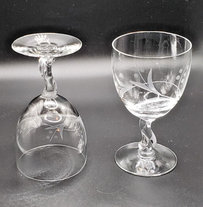 Fostoria Crystal Gray Cut Spring Pattern 4 1/2″ Wine Glass – set of 2