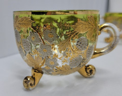 6 ANTIQUE MOSER GLASS 3 FOOTED HANDLED PUNCH CUPS WITH GILT FLORAL AND BERRIES