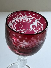 6 Vintage Bohemian Ruby Cut to Clear Crystal Cordial Glasses Leaf Fruit Design