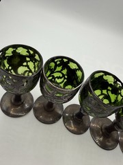 5 Antique Alvin .999 Pure Silver Overlay Green Glass Cordial Goblets 3 damaged