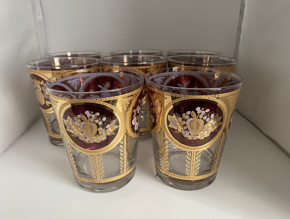 8 Cera Barware Double Old Fashioned Glasses Bountiful Fruit Gold/Cranberry