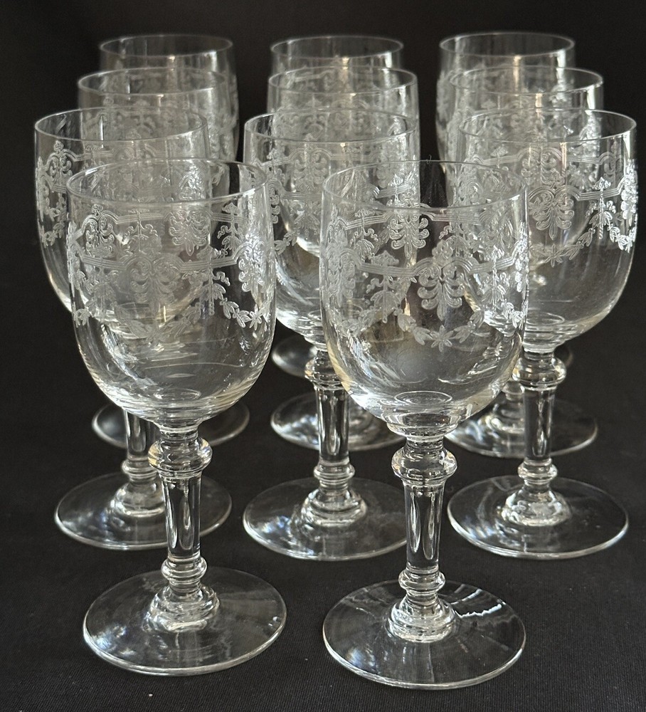 ANTIQUE SET OF 11 BACCARAT CRYSTAL 5-1/2″ CLARET WINE GLASSES GOBLETS ETCHED CUT