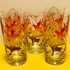 4 Vintage Retro Glass Tumblers Fall Oak Leaves SET OF 4 Orange Yellow Brown 🍁🍂