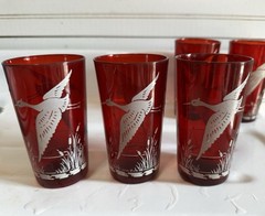 Vintage Royal Ruby Red Glass Tumblers With Birds & Catty Nine Tails Set Of 8