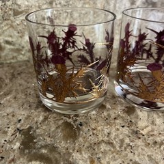 Gregory Duncan Purple Thistle Pattern 3″ Glass Tumbler Set 2 EUC
