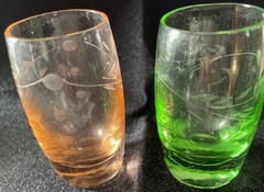 Glass Cordials 2.5” Etched Wheat Pattern Green & Peach (2)