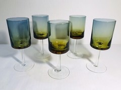 5~MCM Denby BLUERINA Krosno Poland Glass 4 Oz Cordial Wine Glasses Blue Amber
