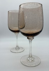2 Beautiful Amber Tint Two Tone Blown Bubble Glass Jumbo Water Wine Stem Goblet