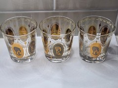 Vintage Set of 3 Gold Royal Ladies Portrait Cocktail Rocks Glasses Barware MCM