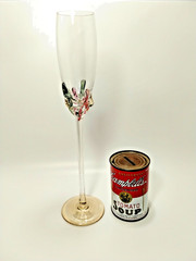 ION TAMAIAN~BLOWN ART GLASS ~12.5″ CHAMPAGNE FLUTE~PINK GREEN CLUSTER~AMBER BASE