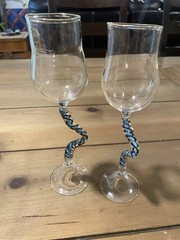 2 Hand Blown Wine Glasses Twisted Whimsical Curved Blue Black Stem