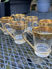 VTG Russian Hollywood Regency Gold MCM 6 Demitasse Glasses Cups Metal Handles