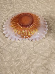 Dugan Marigold Peach Opalescent Carnival Glass Floral Bowl Ruffled Edged