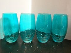 Vintage Set of (4) Aqua Cut To Clear Glass Tumblers 6″ x 2.75″ Excellent Cond
