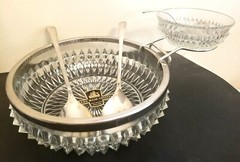 Vtg Chip Dip Dish Set Fancy Hobnail Crystal Glass Pattern 2Pc 3 Utensils England