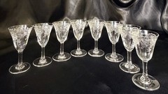 Set Of 8~Clear Glass Cordials~Etched Thistle~Flared Optic Bowl