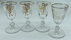 Set of 4 Vintage Etched Floral Ribbon Gold Trim Glass Stemmed Cordial Glasses