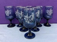 Set of 8 +1 Pfaltzgraff Yorktowne Blue 12oz Water Glass Goblets Glassware Etched