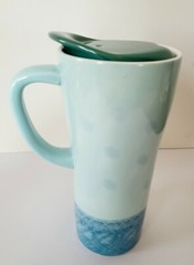 Christmas Travel Mug Ceramic Tree Teal Gasket Lid New 7.5″ Coffee Keeper