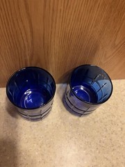 Vtg Pair Anchor Hocking Tartan Plaid Cobalt Blue 8 Oz Lowball Glasses 3.5 Inch
