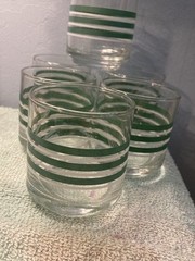 Vintage Libby Green White Striped Juice Glasses Stackable Retro Set Of 12