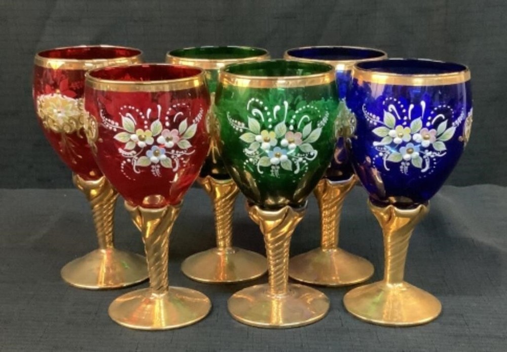 Vintage Bohemian Stemware Set – Hand-Painted Floral Design with Gilded Stems