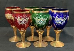 Vintage Bohemian Stemware Set – Hand-Painted Floral Design with Gilded Stems