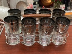 Set of 8 Dorothy Thorpe Silver Fade W/ Grape Design Highball Glasses w/ Carrier
