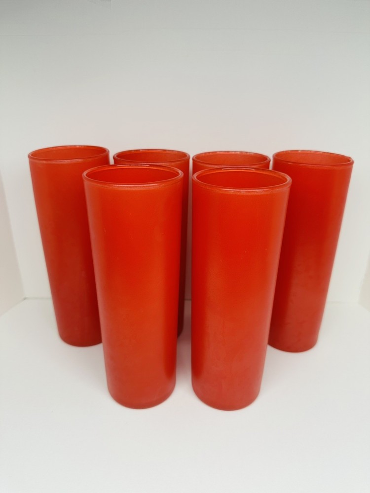 RARE MCM Set 6 Red Frosted Tom Collins Barware Tumblers Glasses Highball READ