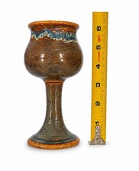 Handmade Studio Pottery Stoneware Chalice Goblet Blue Brown Drip Glaze 6.5”