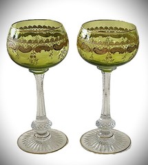 ST. LOUIS CRYSTAL STL22 GREEN WINE HOCK WITH GOLD SCROLLS – SET OF 2