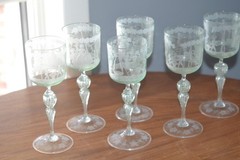 6 Vintage Murano Hand Blown Hand Etched Wine Glasses Mint Green 1950’s Cherubs
