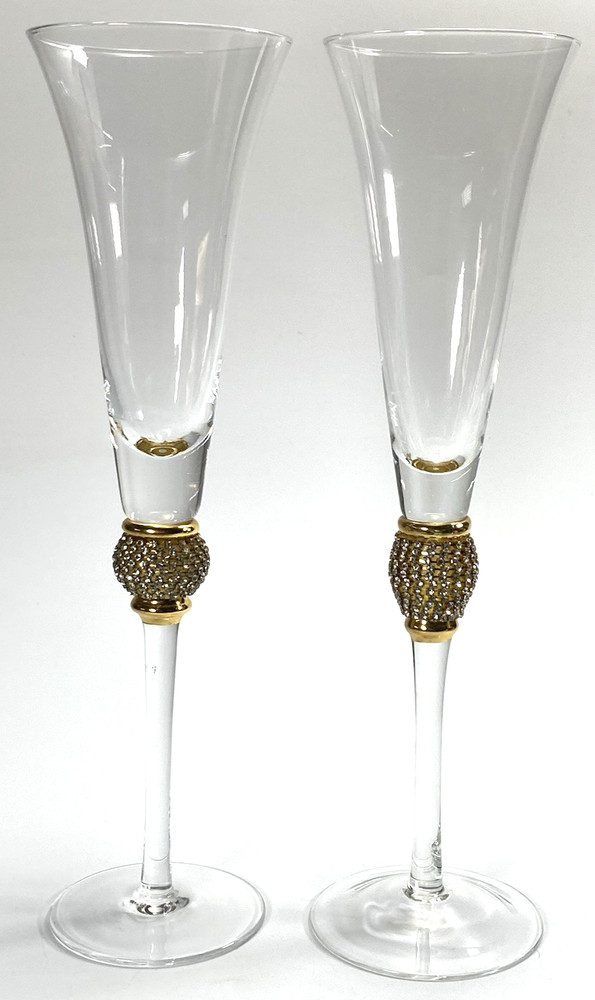 Champagne Flutes With Sparkling Gemstone Decoration Over Gold Set of 2-11″ Tall
