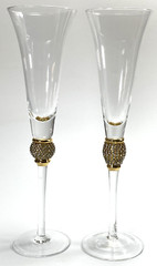 Champagne Flutes With Sparkling Gemstone Decoration Over Gold Set of 2-11″ Tall