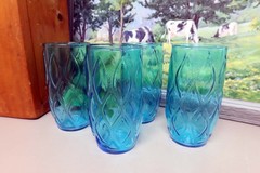 4 Vintage Anchor Hocking Madrid Blue Aqua Quilted 10 oz Flat Tumbler Glasses EUC