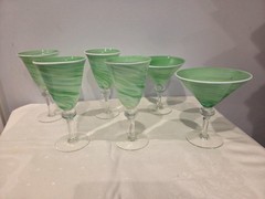 4 Green Swirls Twist Water Wine Goblet & 2 Martini Hand Blown Glass Clear Stem