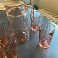 ARCOROC CRISTAL Rosaline Pink Pitcher and 4 Glasses France Swirl Pattern