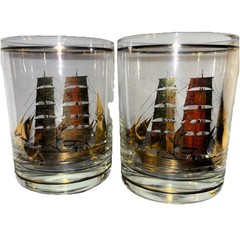 2 Culver Rocks Glasses Double Manhattan Clipper Ships Etched in 24kGold VTG Bar